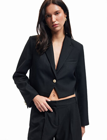 Kruvaze Uzun Kollu Crop Blazer Ceket