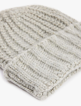 Simli Dokulu Katlı Triko Örgü Bere