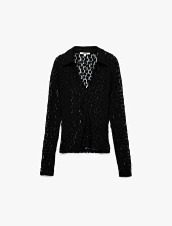 Slim Fit Yarı Transparan Uzun Kollu Kaçık Yaka Dantel Gömlek