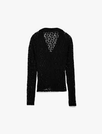 Slim Fit Yarı Transparan Uzun Kollu Kaçık Yaka Dantel Gömlek