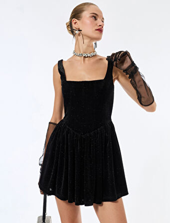 Simli Kare Yaka Kolsuz Kadife Mini Balon Elbise