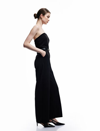 Krep Scuba Kumaş Kolsuz Cepli Uzun Straplez Tulum