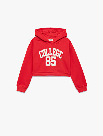 Aplike Detaylı Şardonlu Uzun Kollu Kapüşonlu Crop Sweatshirt