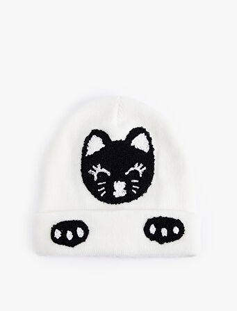 İşlemeli Kedi Desenli Triko Bere