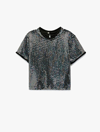 Kısa Kollu Bisiklet Yaka Pullu Payetli Bluz