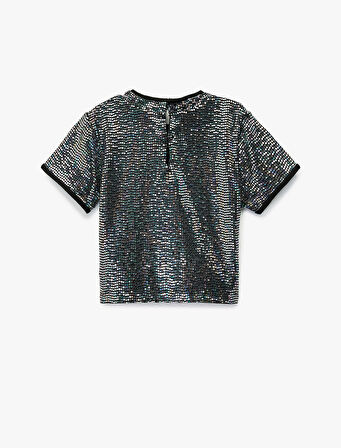 Kısa Kollu Bisiklet Yaka Pullu Payetli Bluz