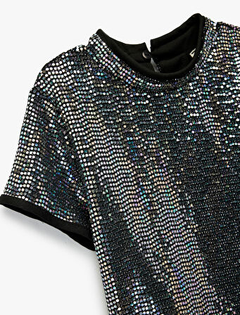 Kısa Kollu Bisiklet Yaka Pullu Payetli Bluz