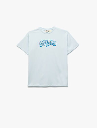 Lisanslı Stitch Baskılı Kısa Kollu Bisiklet Yaka Tişört