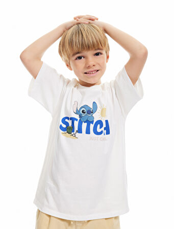 Kısa Kollu Pamuklu Bisiklet Yaka Baskılı Lisanslı Stitch Tişört