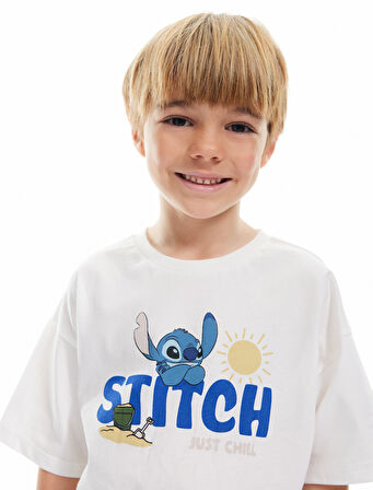 Kısa Kollu Pamuklu Bisiklet Yaka Baskılı Lisanslı Stitch Tişört