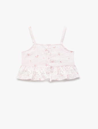 İnce Askılı Çiçek Desenli Fırfır Detaylı Viskon Crop Bluz