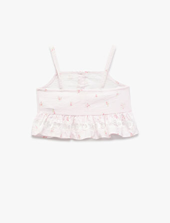 İnce Askılı Çiçek Desenli Fırfır Detaylı Viskon Crop Bluz