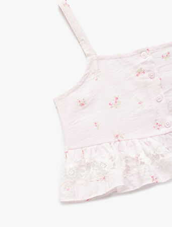 İnce Askılı Çiçek Desenli Fırfır Detaylı Viskon Crop Bluz