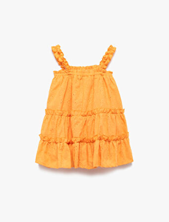 Fırfır Detaylı Pamuklu Brode Katmanlı Kare Yaka Askılı Elbise