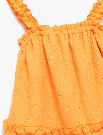 Fırfır Detaylı Pamuklu Brode Katmanlı Kare Yaka Askılı Elbise