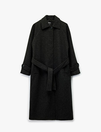 Uzun Kemerli Kaşe Kaban Uzun Kollu Düğmeli Cepli