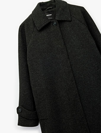 Uzun Kemerli Kaşe Kaban Uzun Kollu Düğmeli Cepli