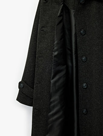 Uzun Kemerli Kaşe Kaban Uzun Kollu Düğmeli Cepli