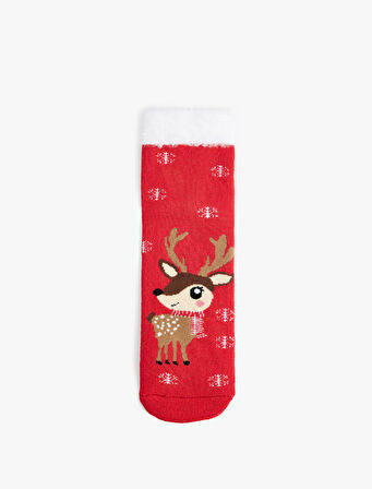 Tüy Detaylı Çok Renkli Yılbaşı Temalı Soket Çorap