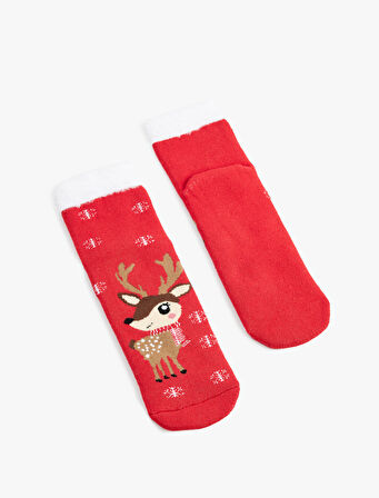 Tüy Detaylı Çok Renkli Yılbaşı Temalı Soket Çorap