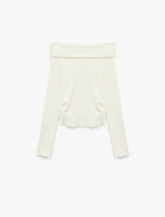 Viskon Karışımlı Kaşkorse Omzu Açık Slim Fit Uzun Kollu Tişört