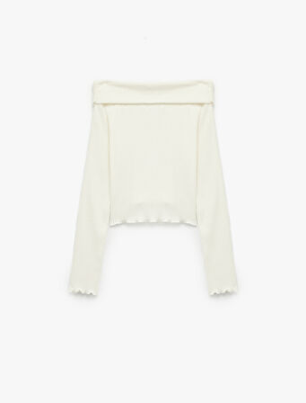 Viskon Karışımlı Kaşkorse Omzu Açık Slim Fit Uzun Kollu Tişört