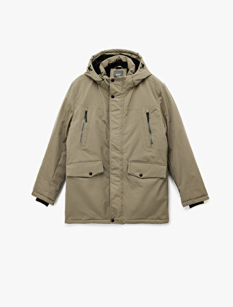 Uzun Kollu Kapaklı Cep Detaylı Fermuarlı Kapüşonlu Parka