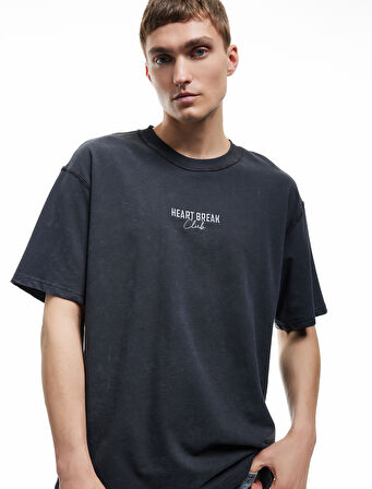 Pamuklu Kısa Kollu Bisiklet Yaka Baskılı Yıkamalı Oversize Tişört