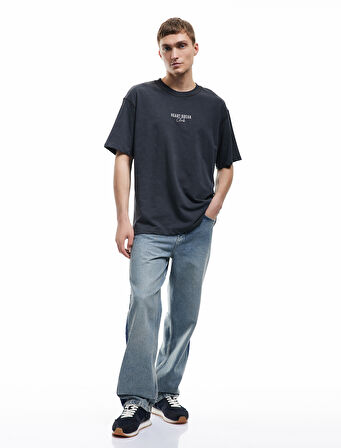 Pamuklu Kısa Kollu Bisiklet Yaka Baskılı Yıkamalı Oversize Tişört