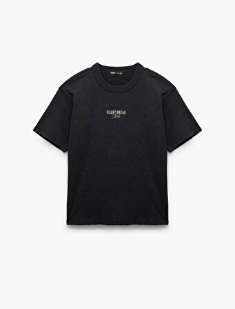 Pamuklu Kısa Kollu Bisiklet Yaka Baskılı Yıkamalı Oversize Tişört