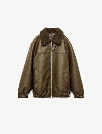 Peluş Yaka Cep Detaylı Uzun Kollu Fermuarlı Suni Deri Ceket