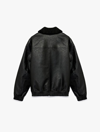 Peluş Yaka Cep Detaylı Uzun Kollu Fermuarlı Suni Deri Ceket