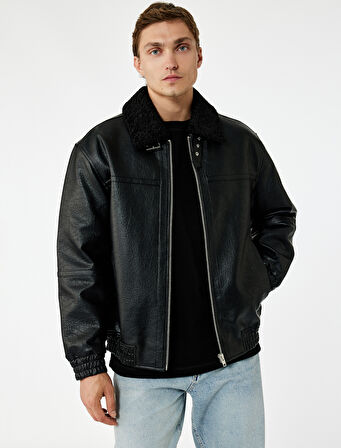 Peluş Yaka Cep Detaylı Uzun Kollu Fermuarlı Suni Deri Ceket