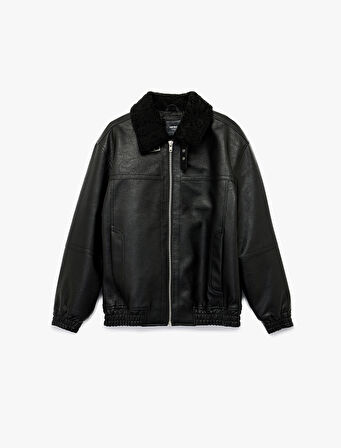 Peluş Yaka Cep Detaylı Uzun Kollu Fermuarlı Suni Deri Ceket