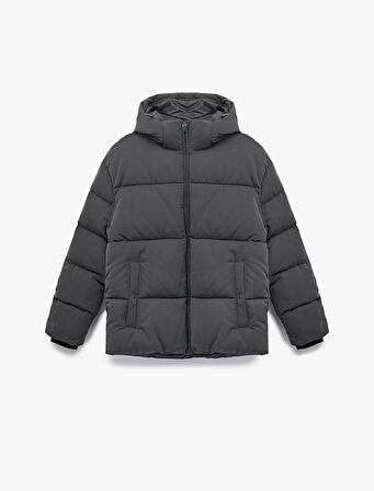 Uzun Kollu Kapüşonlu Fermuarlı Kışlık Şişme Mont