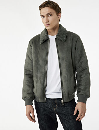 Peluş Yaka Fermuarlı Slim Fit Uzun Kollu Kışlık Suni Süet Ceket