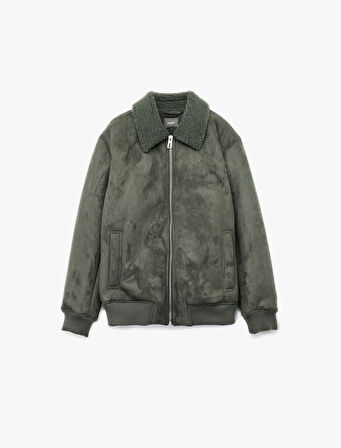 Peluş Yaka Fermuarlı Slim Fit Uzun Kollu Kışlık Suni Süet Ceket