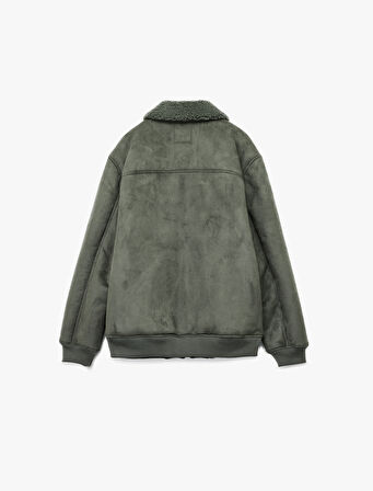 Peluş Yaka Fermuarlı Slim Fit Uzun Kollu Kışlık Suni Süet Ceket