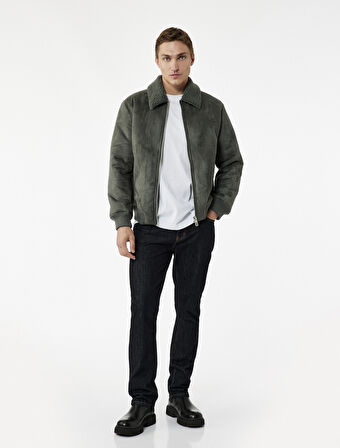 Peluş Yaka Fermuarlı Slim Fit Uzun Kollu Kışlık Suni Süet Ceket