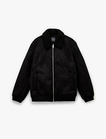 Peluş Yaka Fermuarlı Slim Fit Uzun Kollu Kışlık Suni Süet Ceket