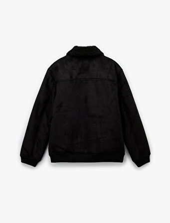 Peluş Yaka Fermuarlı Slim Fit Uzun Kollu Kışlık Suni Süet Ceket