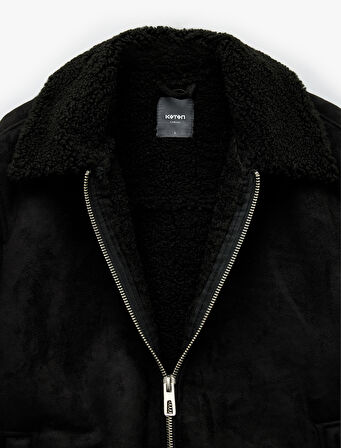 Peluş Yaka Fermuarlı Slim Fit Uzun Kollu Kışlık Suni Süet Ceket