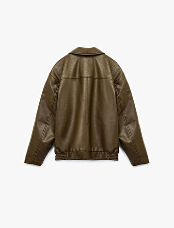 Slim Fit Uzun Kollu Fermuarlı Gömlek Yaka Suni Deri Ceket