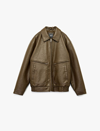 Slim Fit Uzun Kollu Fermuarlı Gömlek Yaka Suni Deri Ceket