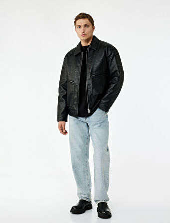 Slim Fit Uzun Kollu Fermuarlı Gömlek Yaka Suni Deri Ceket