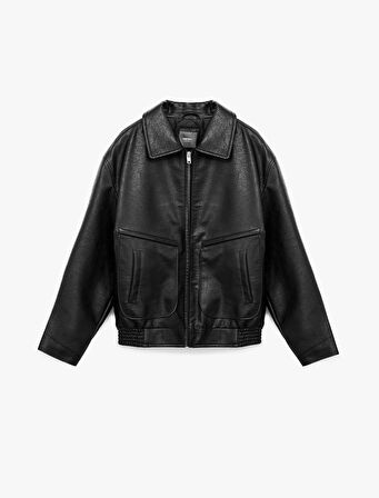 Slim Fit Uzun Kollu Fermuarlı Gömlek Yaka Suni Deri Ceket