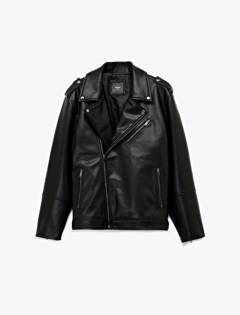 Kruvaze Yaka Cep Detaylı Uzun Kollu Suni Deri Biker Ceket