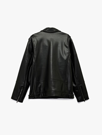 Kruvaze Yaka Cep Detaylı Uzun Kollu Suni Deri Biker Ceket