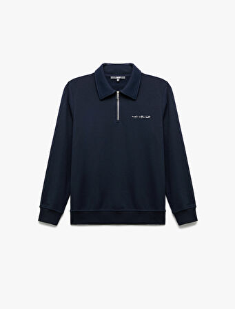 Nakışlı Uzun Kollu Yarım Fermuarlı Polo Yaka Sweatshirt