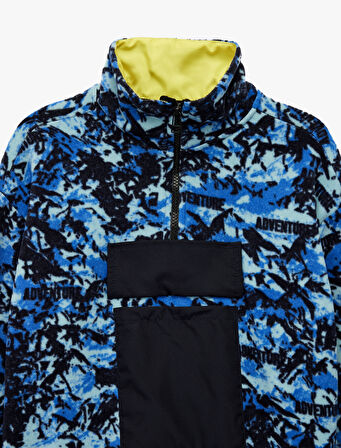 Uzun Kollu Dik Yaka Kapaklı Cepli Desenli Oversize Polar Sweatshirt